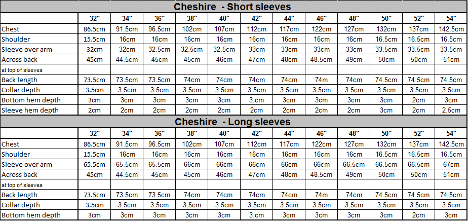 Cheshire Size Guide