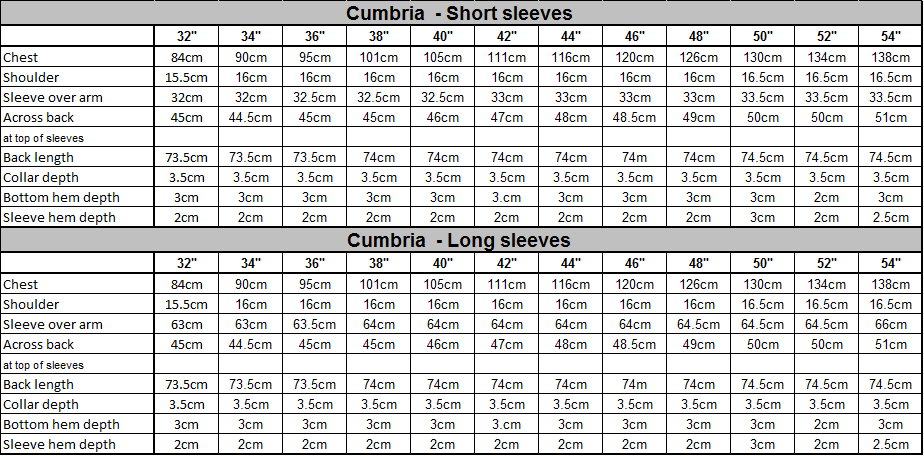 Cumbria Size Guide