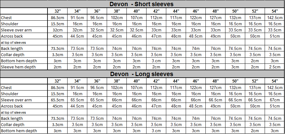 Devon Size Guide